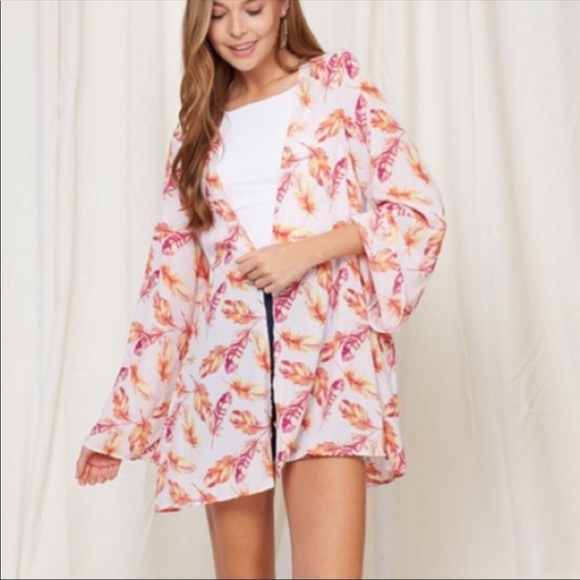 Pink Boho Feather Kimono Cardigan - Picture 7 of 8